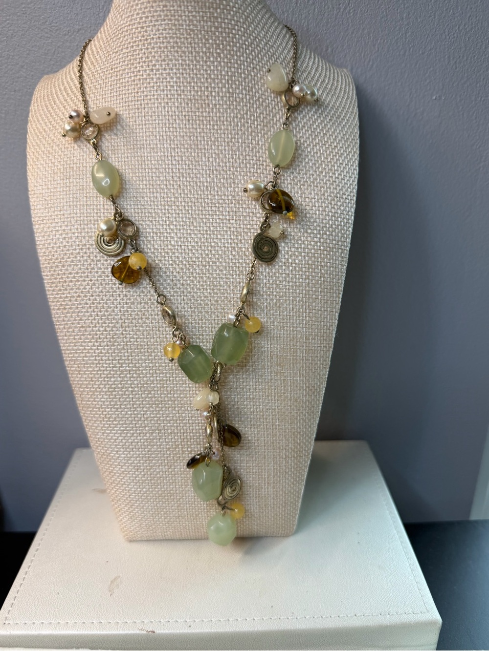 Delicate Green Bead & Charm Long Necklace
